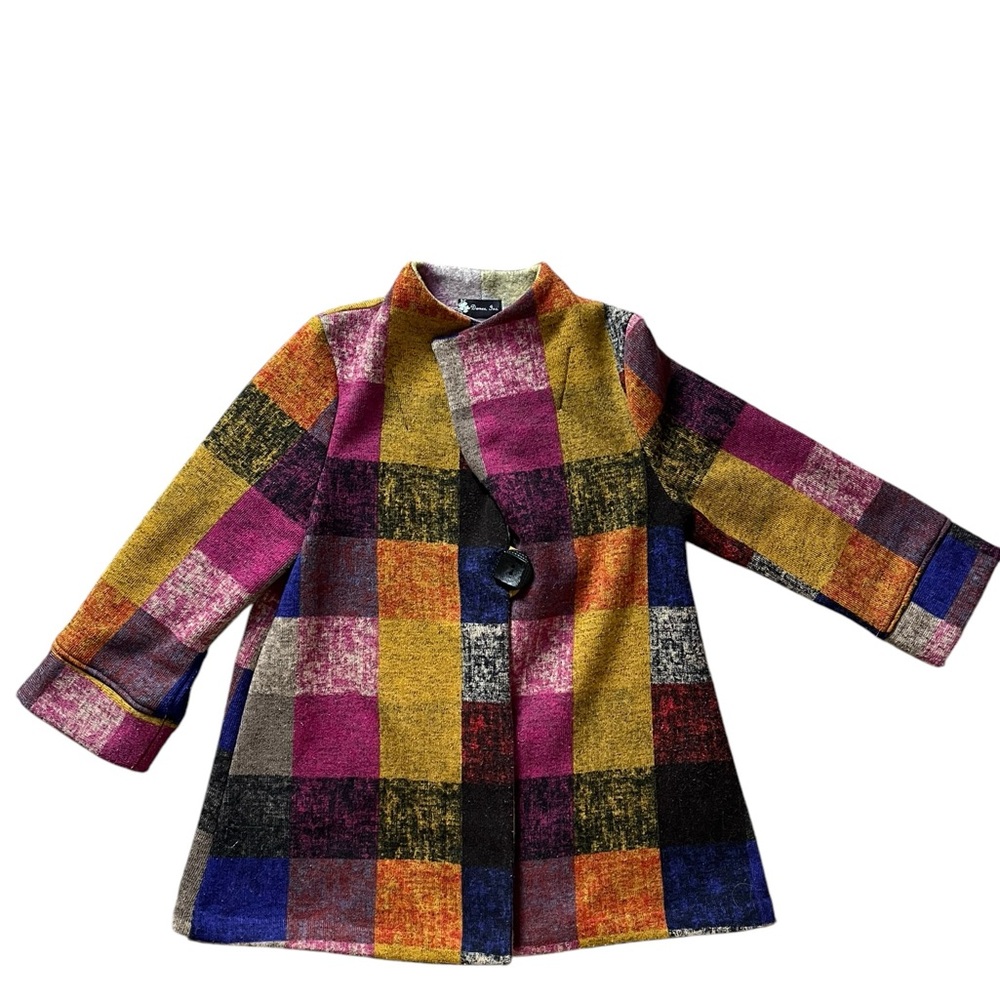 Damee Jacket Womens Small Swing Coat Artsy Fun Big Button 3/4 Sleeves Patchwork✅